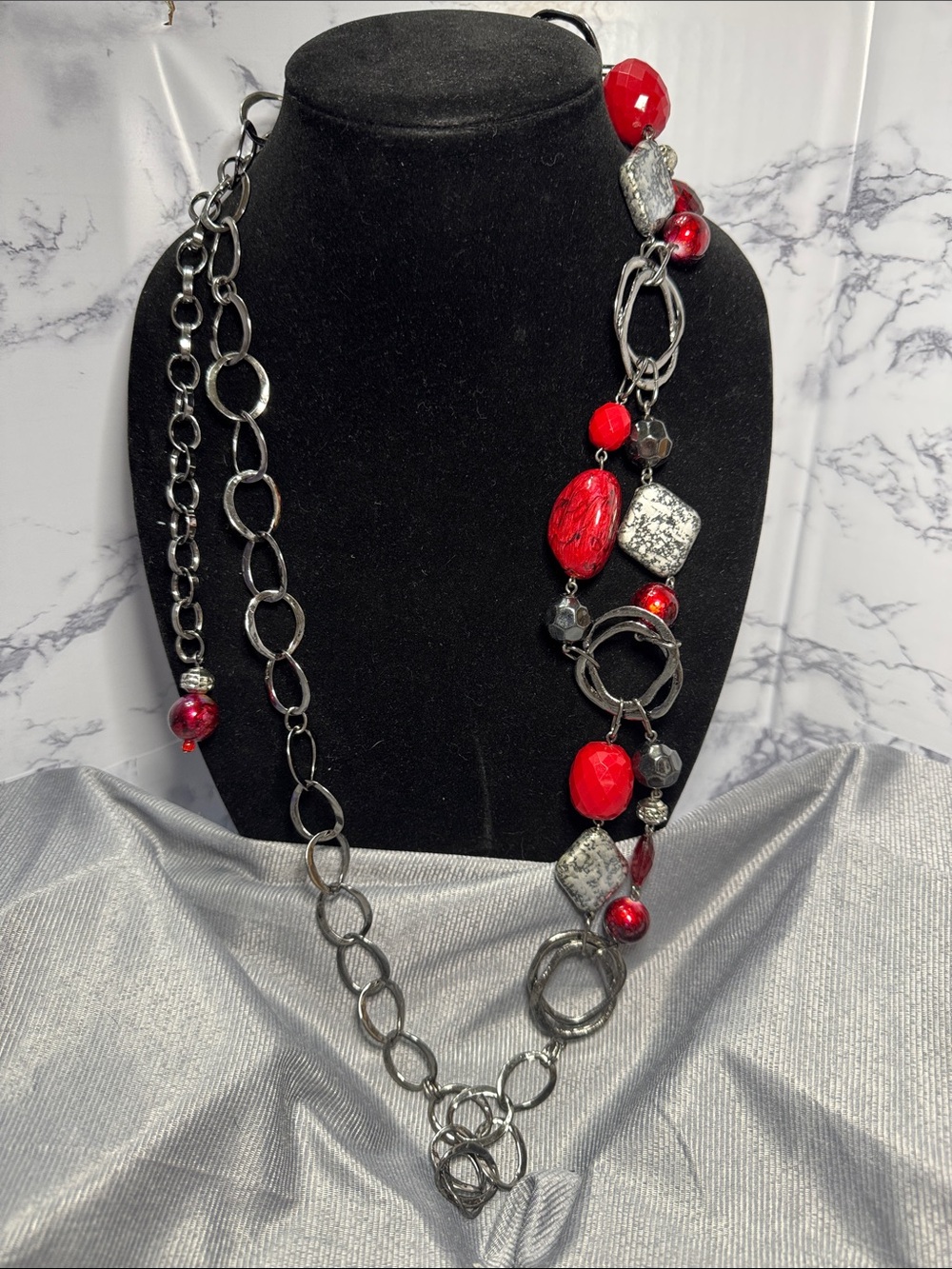 Chico's Red Beaded Mixed-Metal Statement Necklace Modern